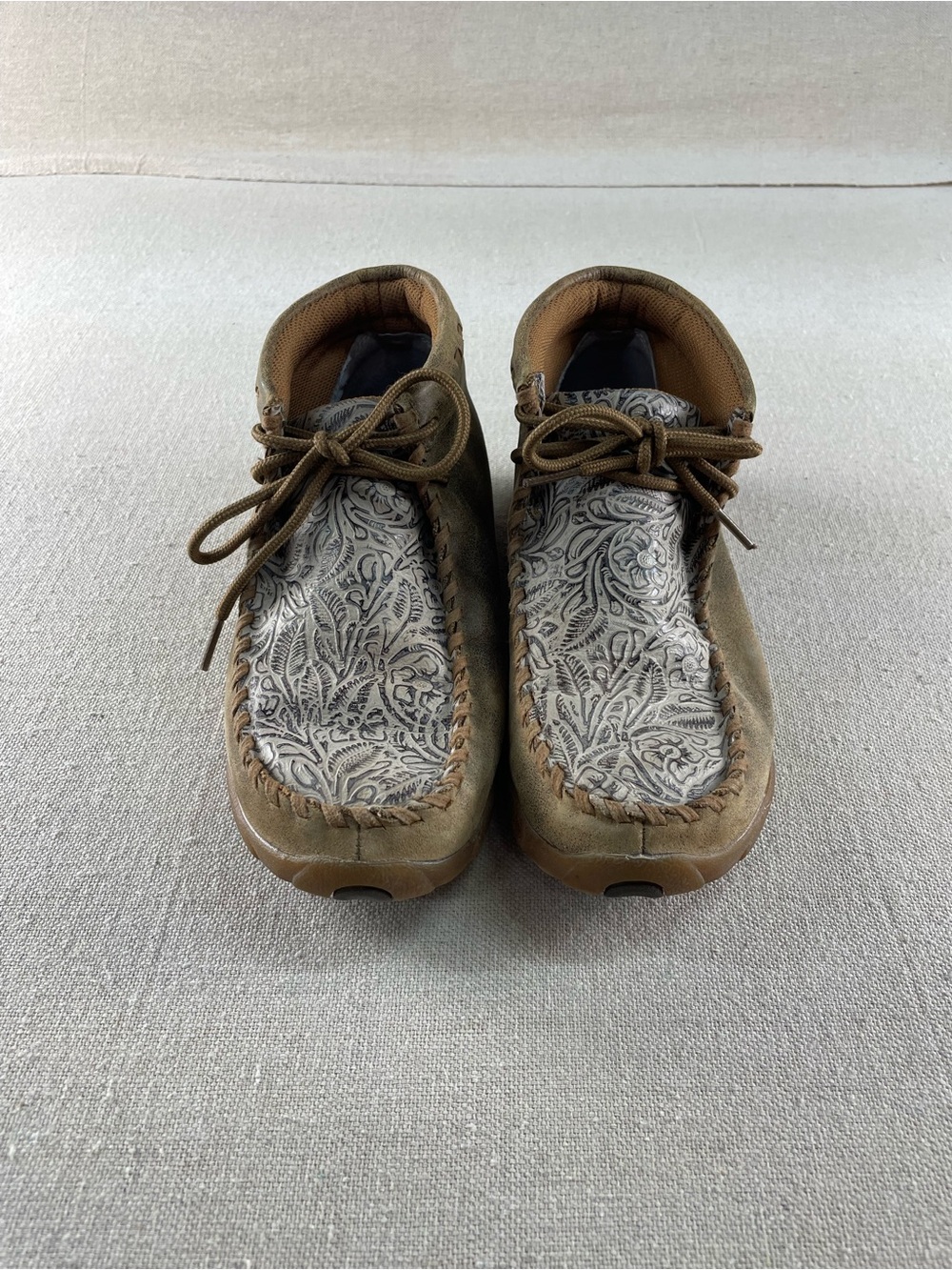 Women’s Twisted X Lace-Up Moccasin in Brown with Patterned Inset